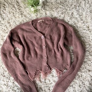 Elegant Frayed Hem Cardigan in Dusty Rose
